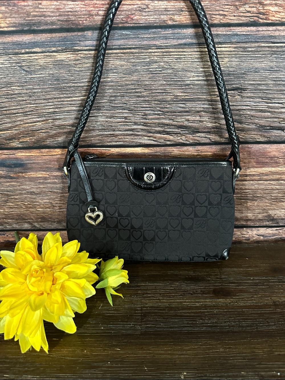 Brighton Black Heart-Pattern Shoulder Bag with Heart Charm